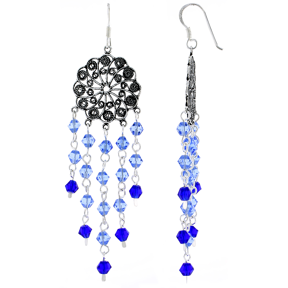 Sterling Silver Flower Dangle Chandelier Earrings w/ Blue Topaz & Blue Sapphire-colored Crystals, 2 13/16" (72 mm) tall