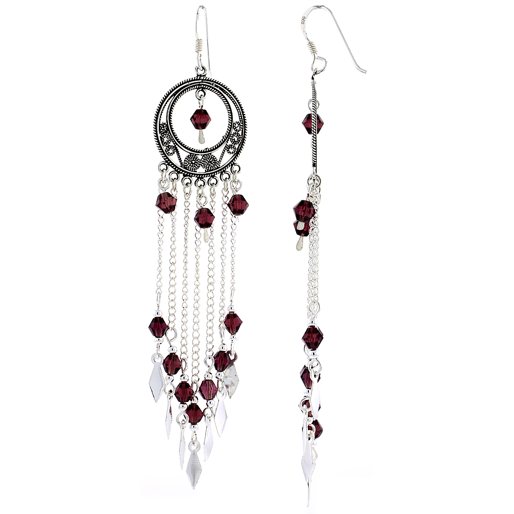Sterling Silver Dangle Chandelier Earrings w/ Garnet-colored Crystals, 3 5/16&quot; (85 mm) tall