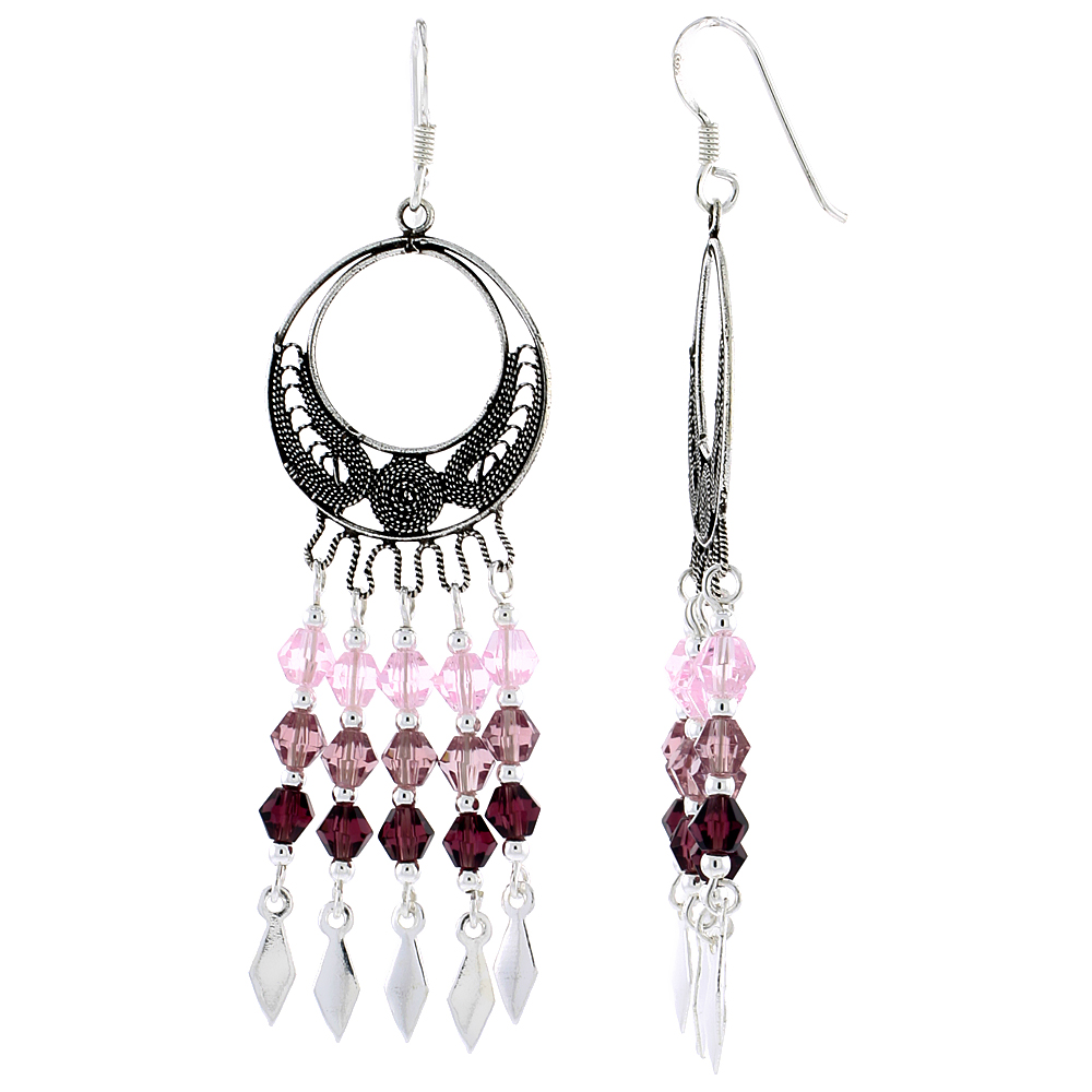 Sterling Silver Pink Tourmaline Crystals Chandelier Earrings for Women Filigree Dangle Fish Hook Handmade 2 3/8 inches long