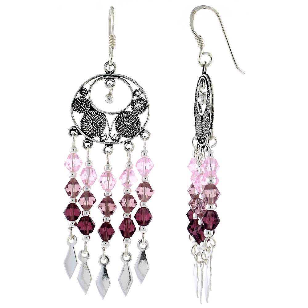 Sterling Silver Dangle Chandelier Earrings w/ Pink Tourmaline, Rose Pink & Garnet-colored Crystals, 2" (51 mm) tall