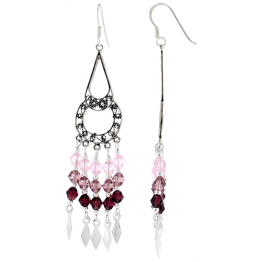 Sterling Silver Pink Tourmaline Crystals Chandelier Earrings for Women Filigree Dangle Fish Hook Handmade 2 1/2 inches long