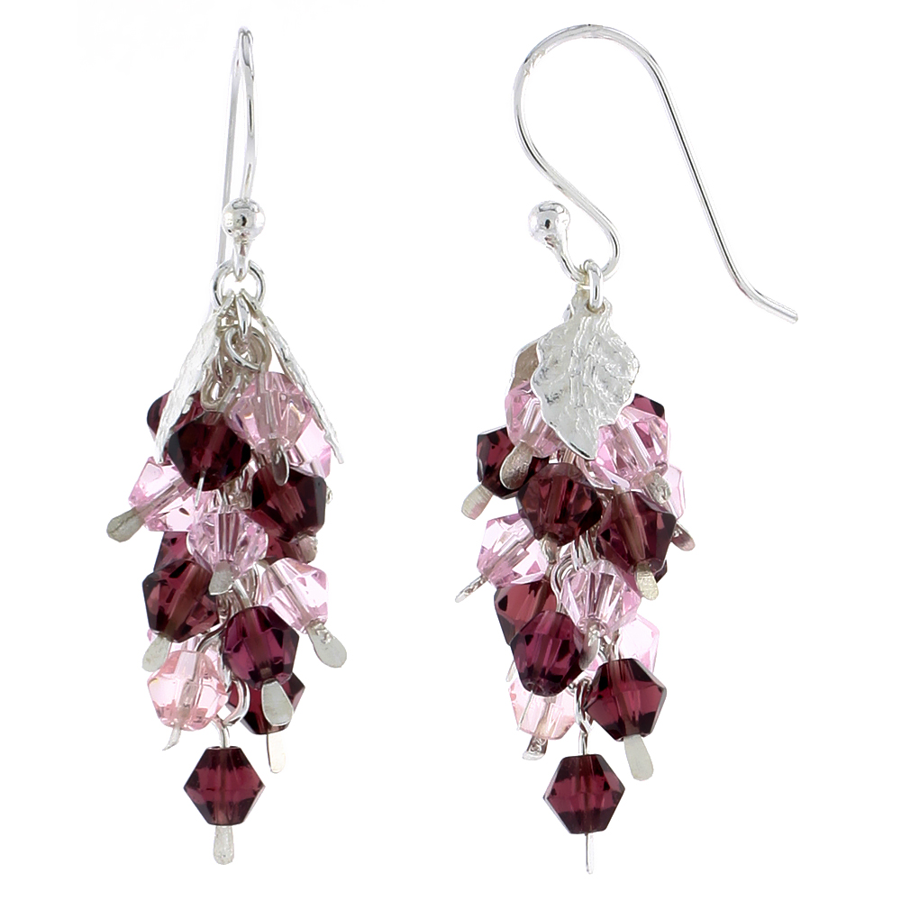 Sterling Silver Fish Hook Dangle Cluster Earrings w/ Pink Tourmaline & Garnet-colored Crystals, 1 3/16" (30 mm) tall