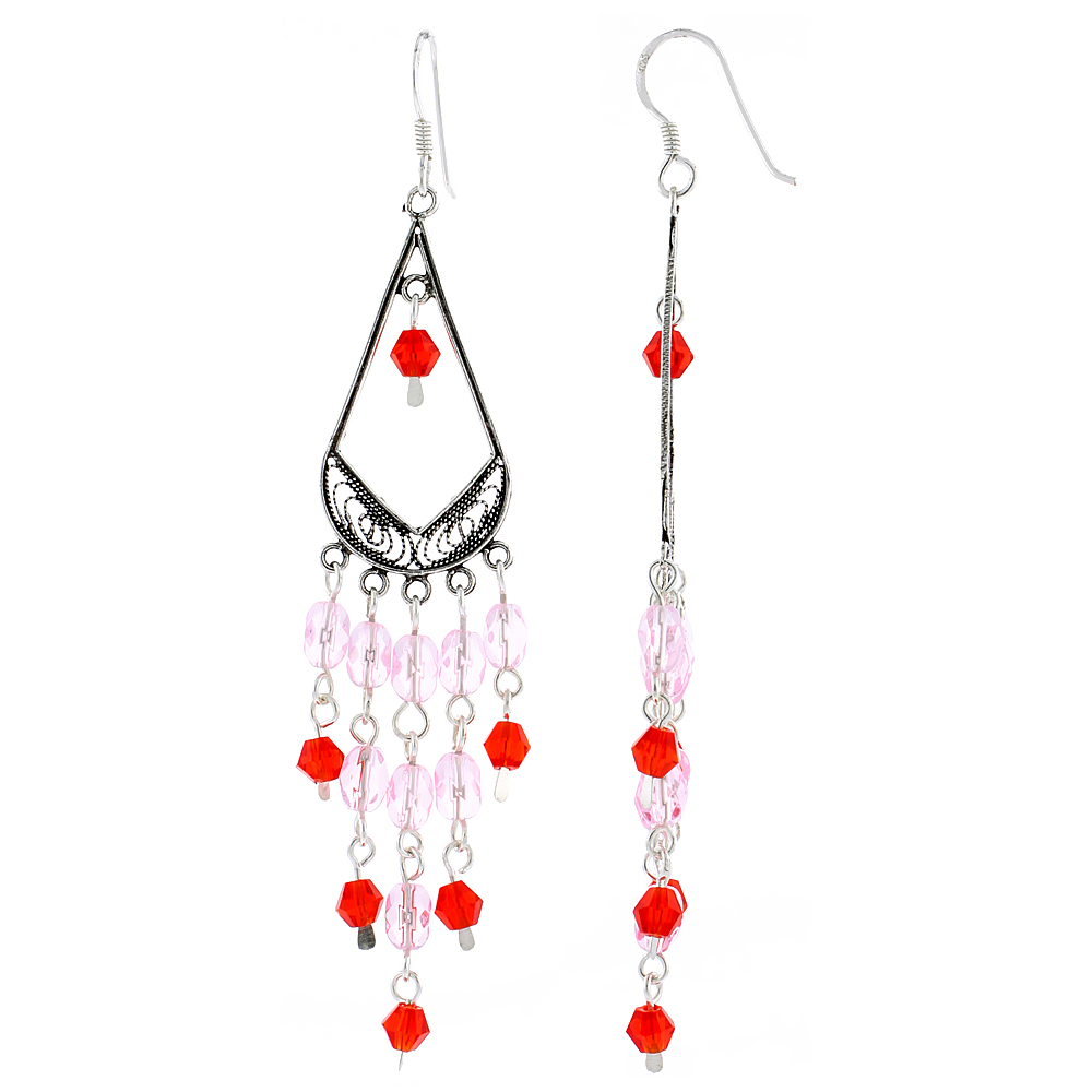 Sterling Silver Pink and Red Crystals Chandelier Earrings for Women Pear-shaped Filigree Dangle Fish Hook Handmade 2 7/8 inches long