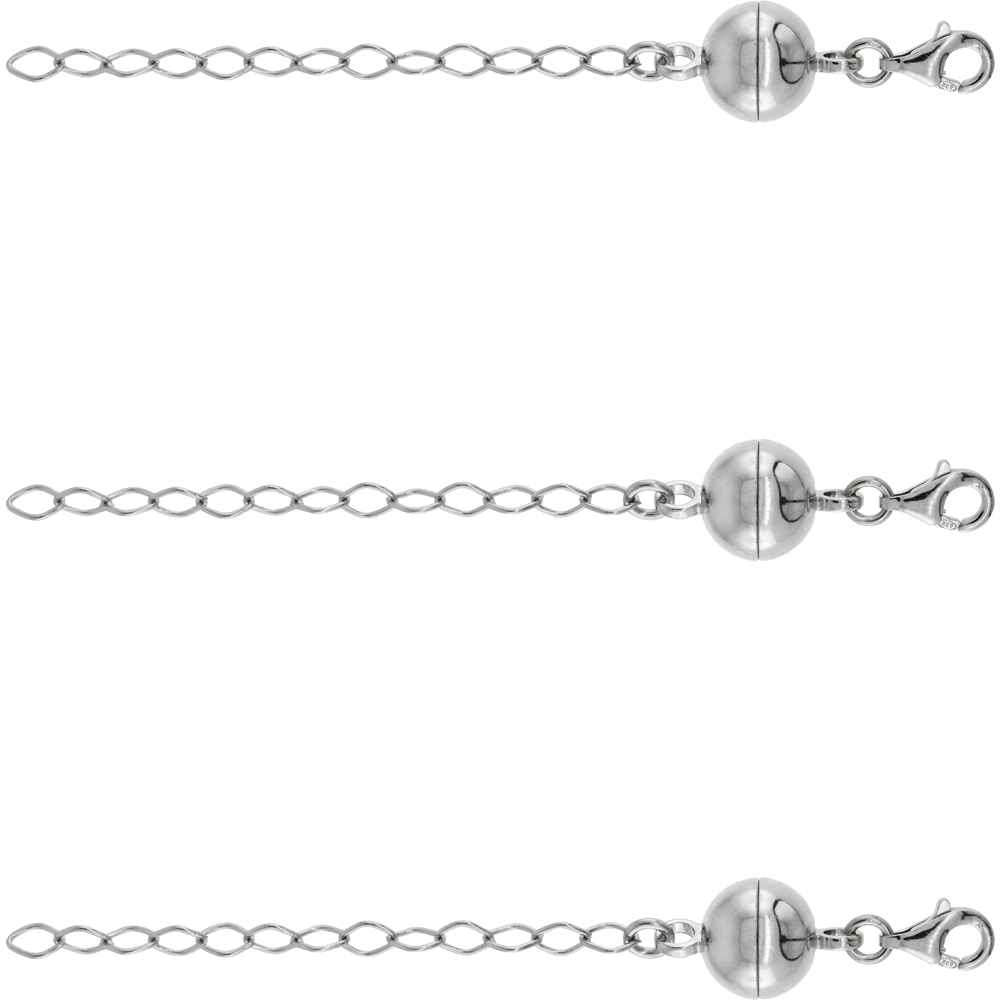 3 PACK Sterling Silver 10 mm Magnetic Ball Clasp Converter Rhodium Finish 2 inch Extention, Large