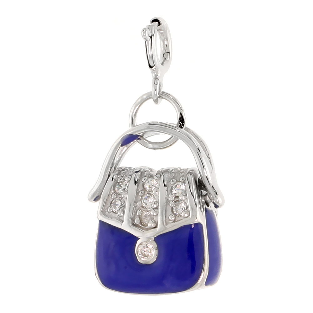 Sterling Silver Enamel Blue Purse Charm with clasp for Bracelets Women CZ Accent 13/16 inch