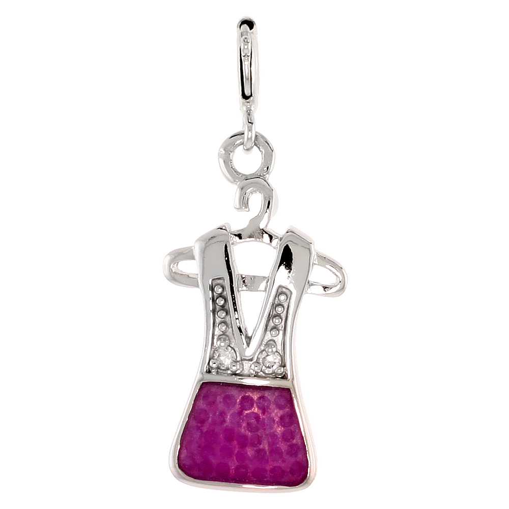 Sterling Silver Enamel Fuchsia Pink Ladies Dress Charm with clasp for Bracelets Women CZ Accent 1 inch
