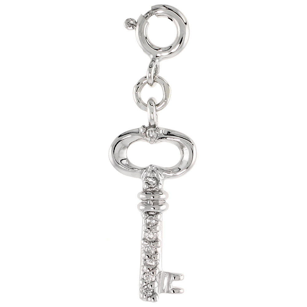 Sterling Silver Cubic Zirconia Jeweled Key Charm with clasp for Bracelets Women 7/8 inch