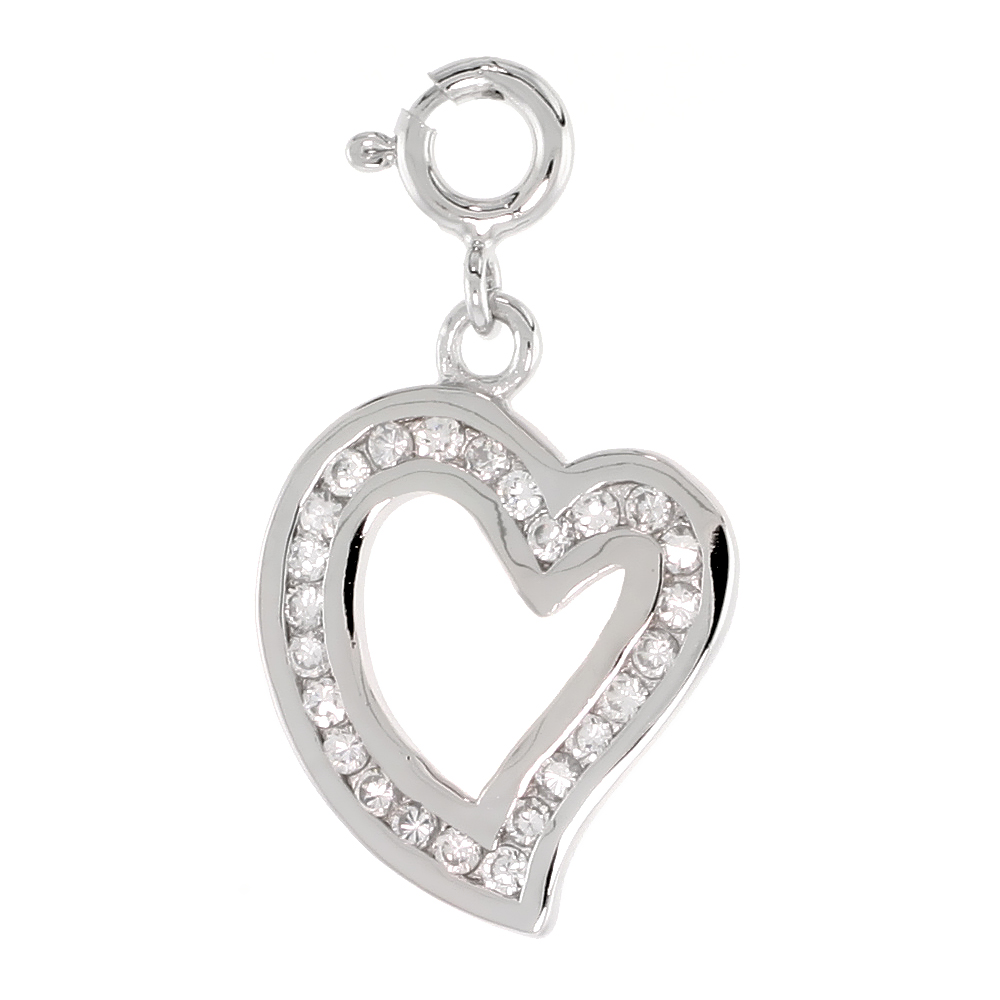 Sterling Silver Cubic Zirconia Jeweled Heart Charm with clasp for Bracelets Women 13/16 inch