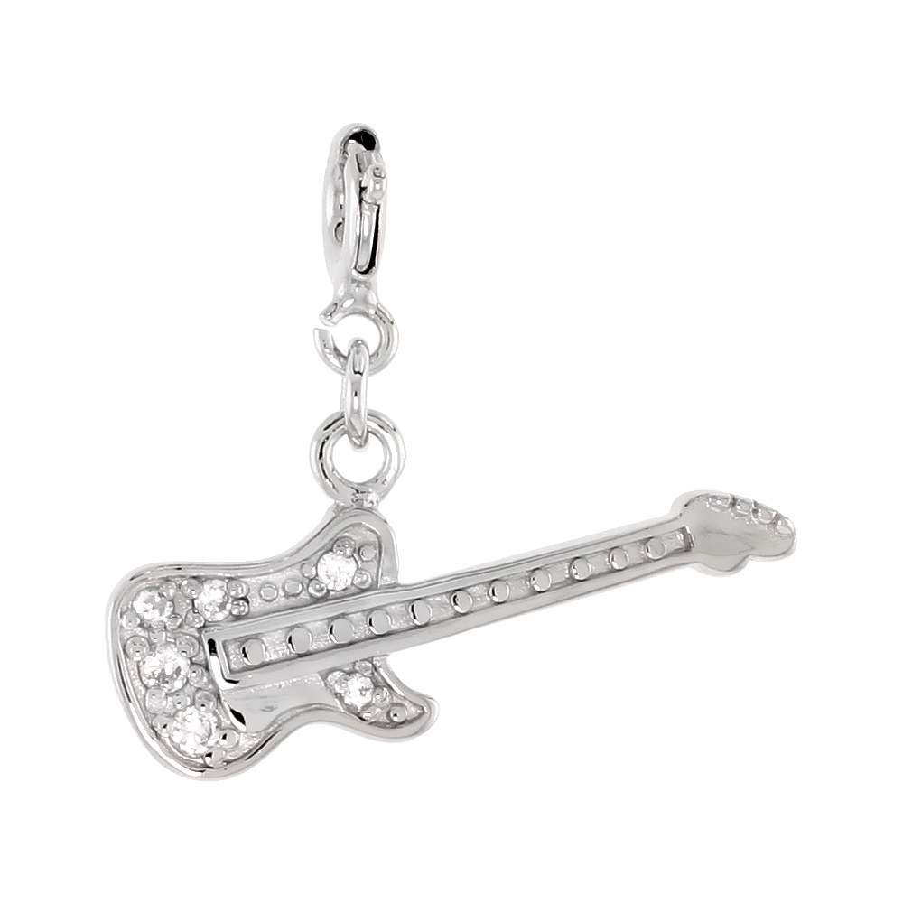 Sterling Silver Cubic Zirconia Electric Guitar Charm with clasp for Bracelets Women 1/2 inch
