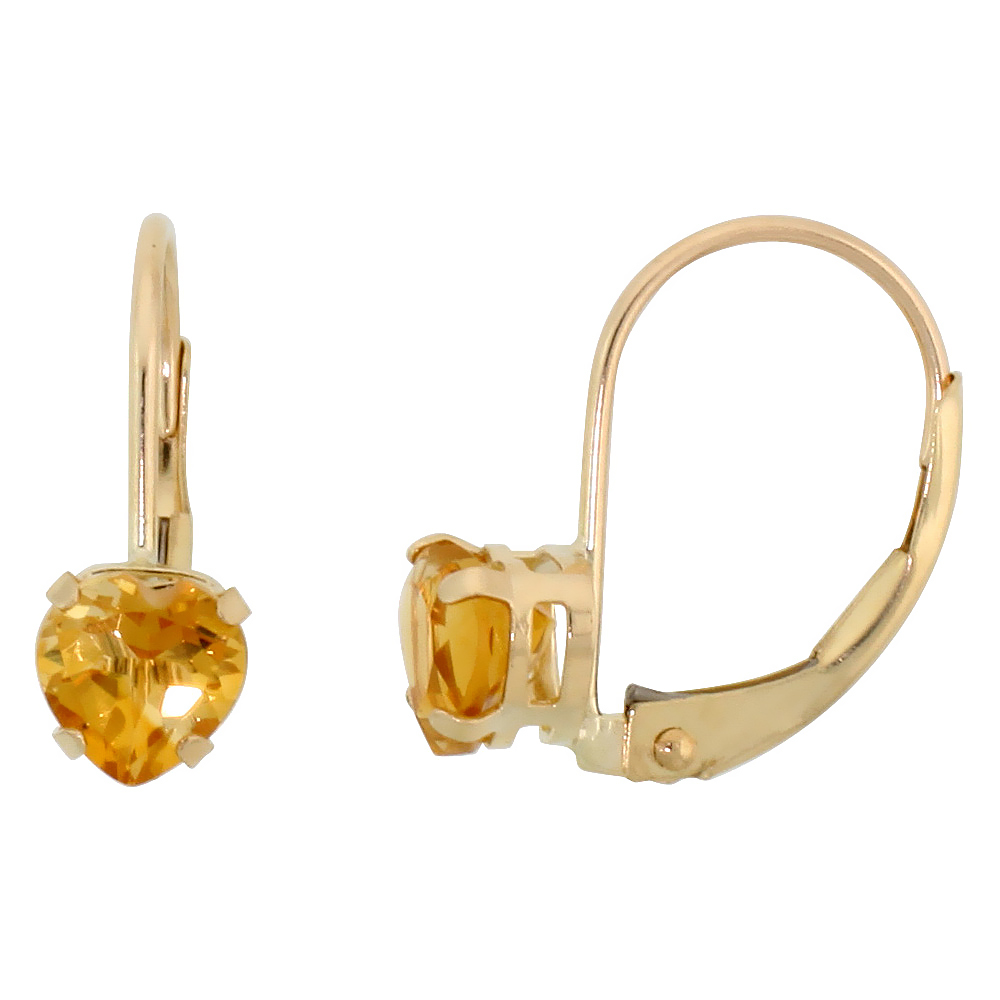 10k Yellow Gold Natural Citrine Heart Leverback Earrings 5mm November Birthstone, 9/16 inch long