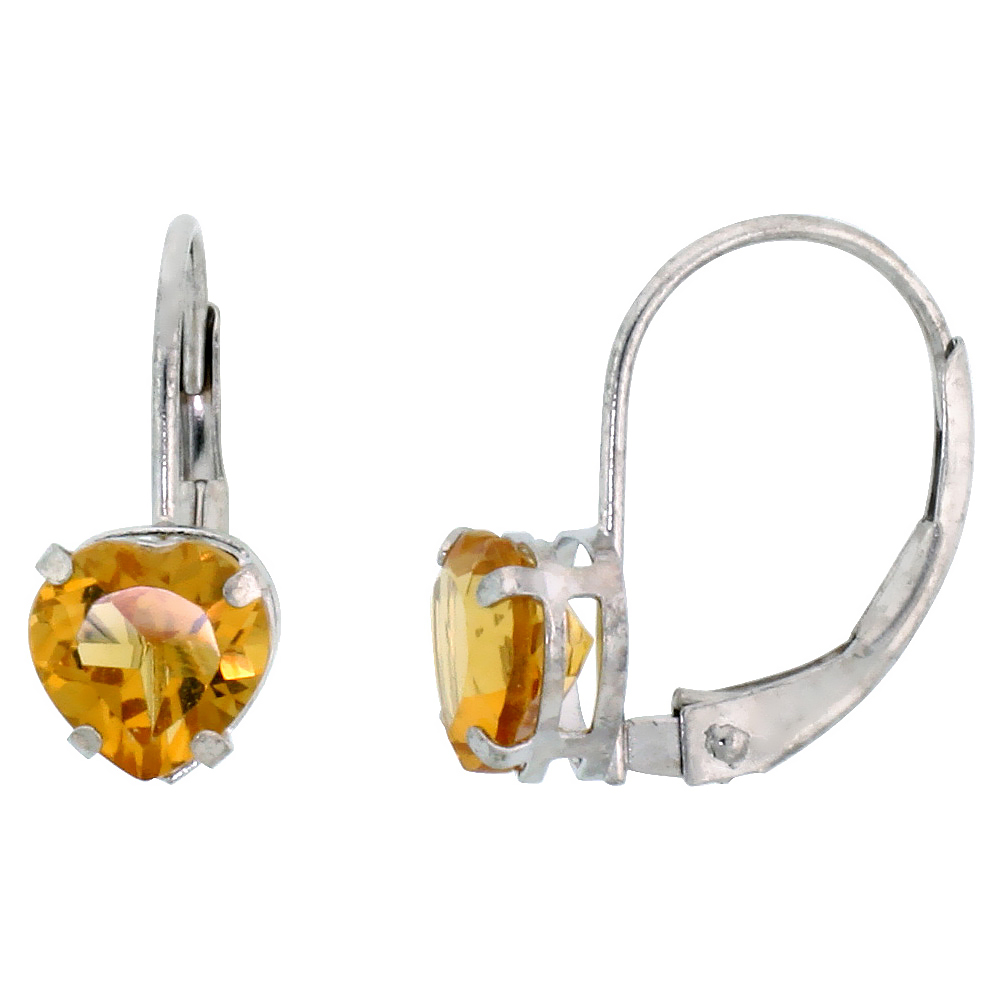 10k White Gold Natural Citrine Heart Leverback Earrings 6mm November Birthstone, 9/16 inch long