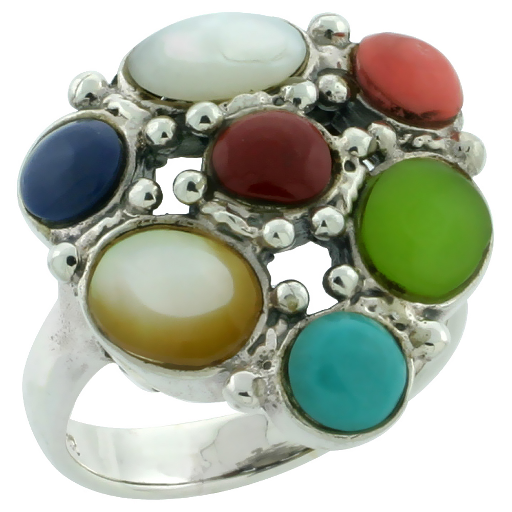 Sterling Silver Multi Color Cocktail Ring Southwest Design Synthetic Stones 1 inch, 
