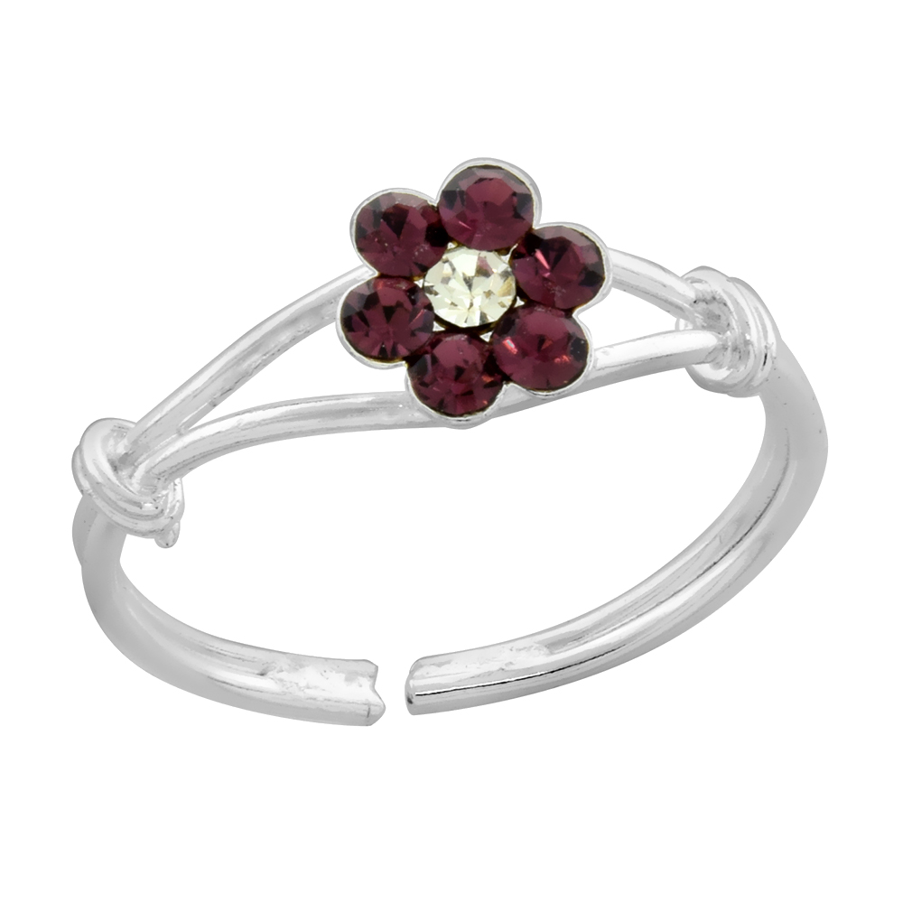 Sterling Silver Amethyst Purple Flower Crystal Toe Ring for Women Open Bottom Adjustable Handmade
