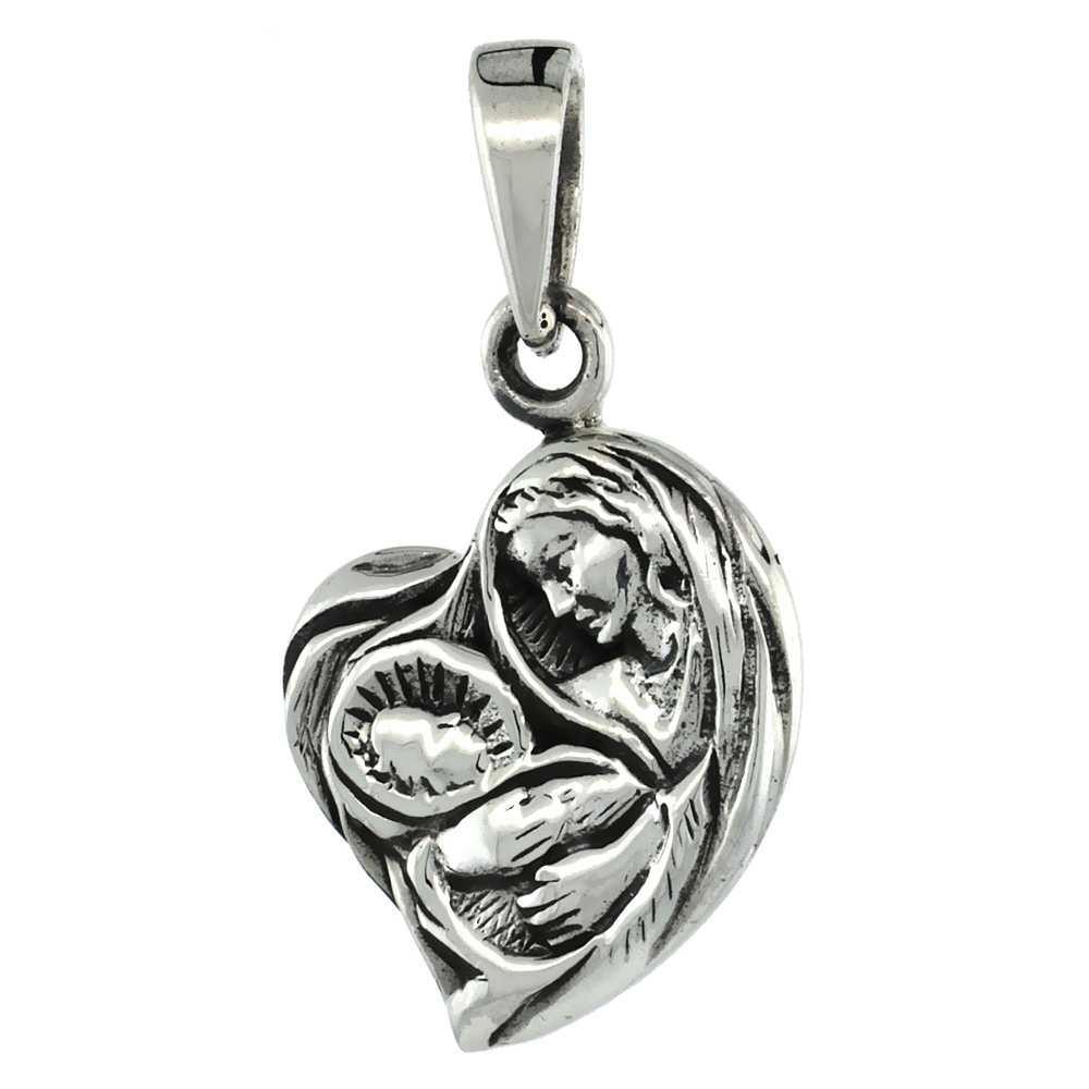 Sterling Silver Mother &amp; Baby Heart Pendant 7/8 inch tall, Antiqued Finish