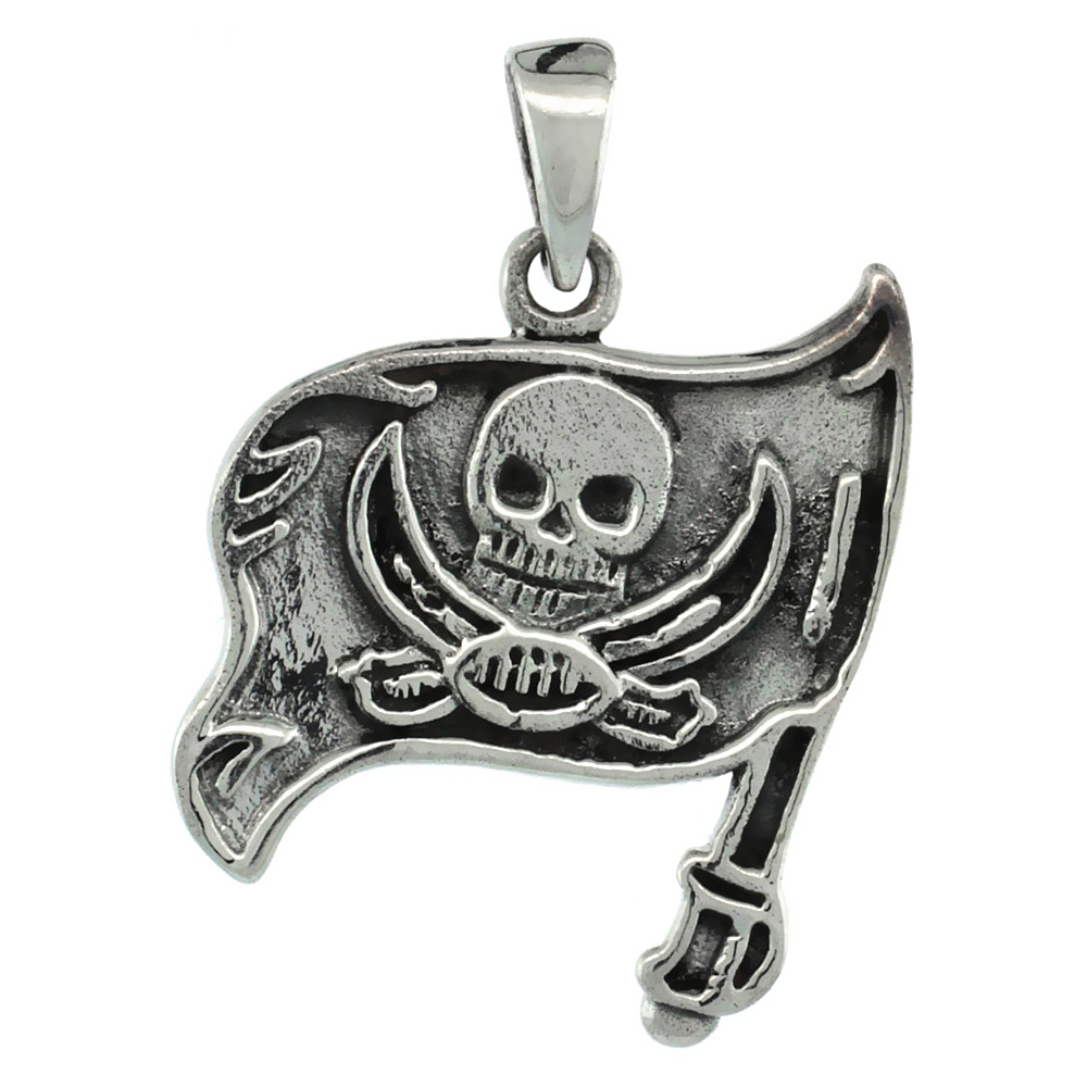 Sterling Silver Skull & Cross Swords Pirate Flag Pendant 13/16 inch wide, Antiqued Finish