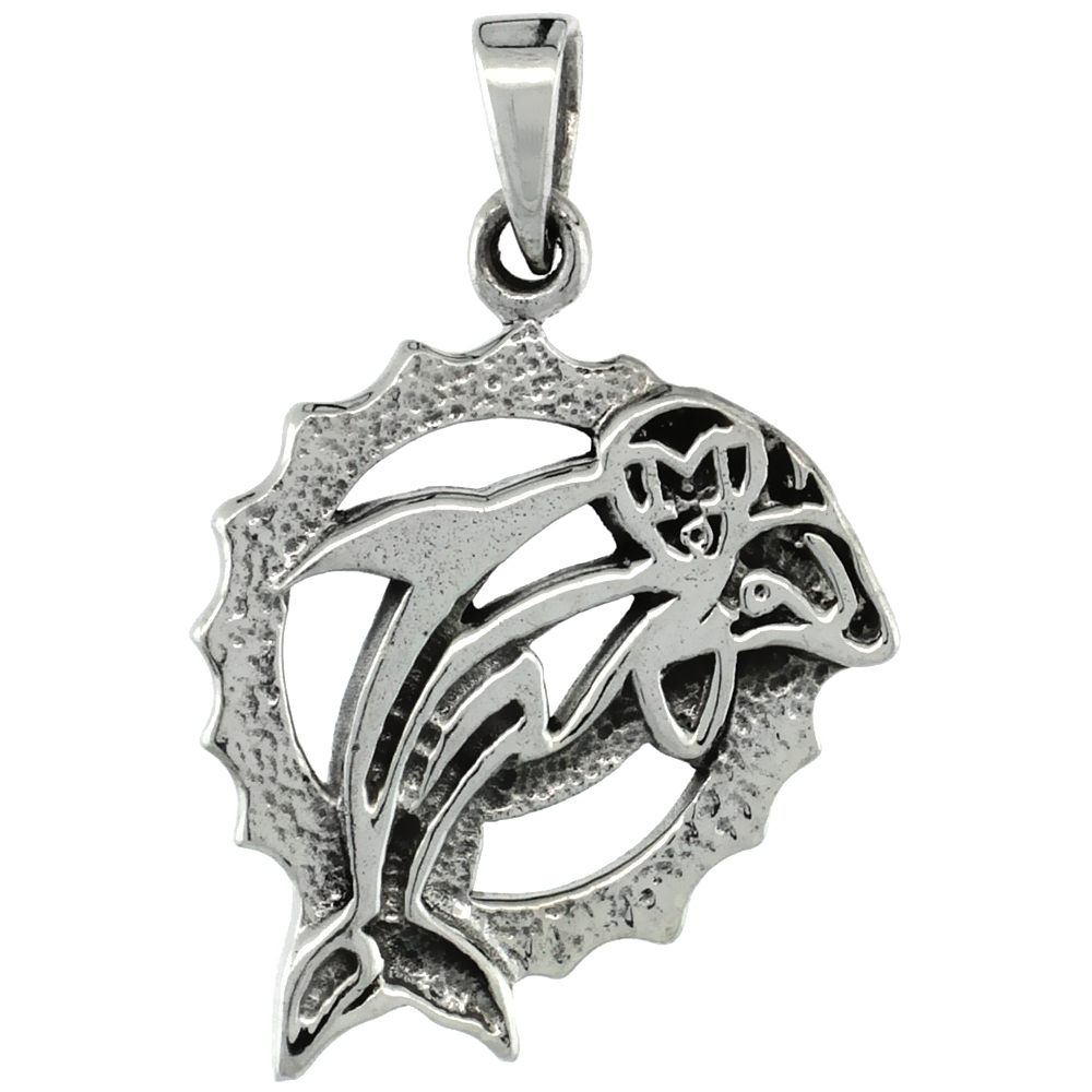 Sterling Silver Dolphin Pendant 7/8 inch tall, Antiqued Finish