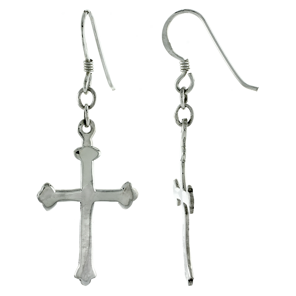 Sterling Silver Dangling Budded Cross Earrings for Women High Polish 2 inches Long