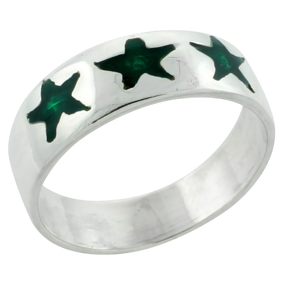 Sterling Silver 3 Star Green Enamel Design Ring, sizes 6 - 10