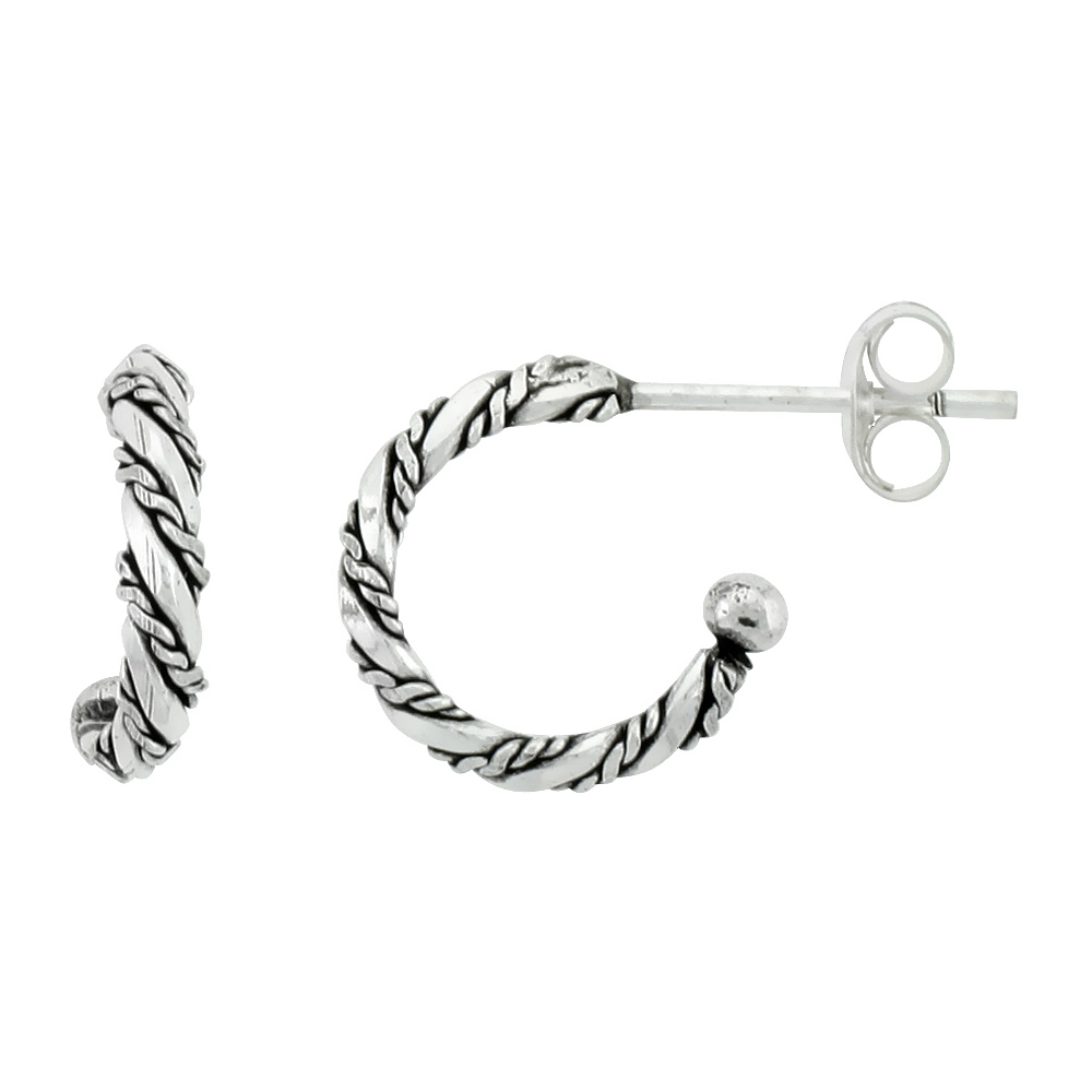 Tiny Sterling Silver Bali Rope design Hoop Earrings, 1/2 inch wide
