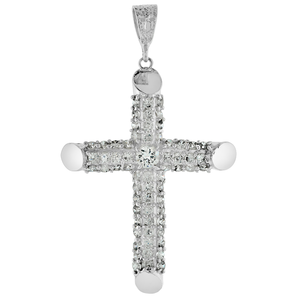 Large Sterling Silver CZ Iced Out Cross Pendant for Men Hip Hop Jeweld 2 3/4 inch Tall