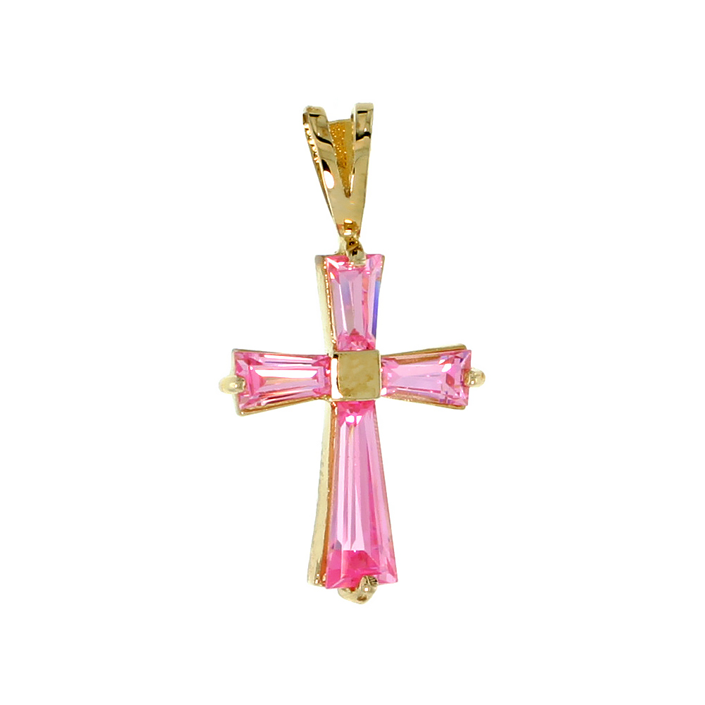 Sterling Silver Pink Cubic Zirconia Maltese Cross Pendant Tapered Baguette CZ Gold-plated, 3/4 inch