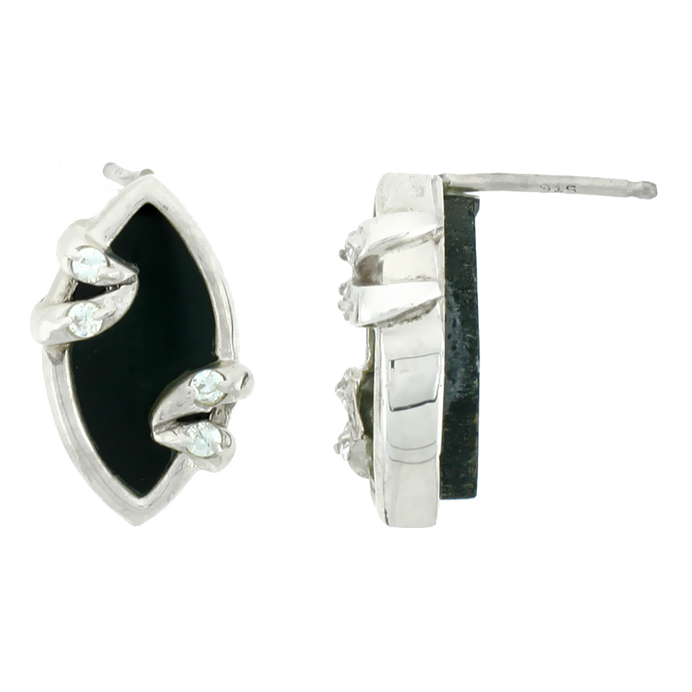 Small Sterling Silver Jet Stone Marquis shape Earrings 3/4 inch wide,s 3/4 inch long 