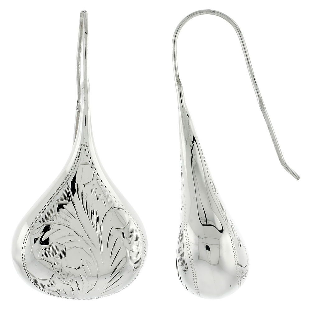 Sterling Silver Large Hand Engraved Tear Drop Earrings, 2 1/16 inch wide