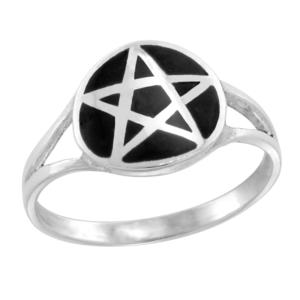 Dainty Sterling Silver Black Enamel Star Pentagon Ring for Women and Girls 3/8 inch wide