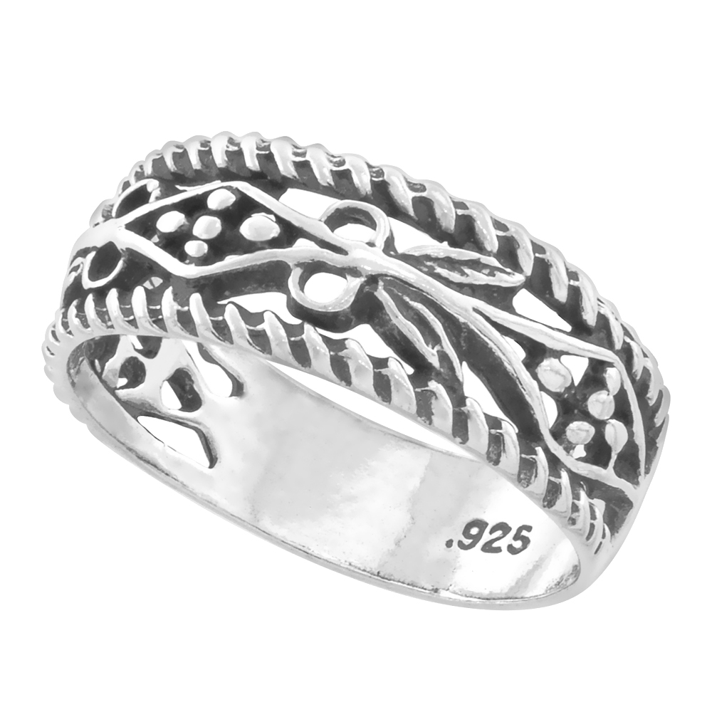 Dainty Sterling Silver Scrollwork Floral Design Filigree Ring For Wome and Girls 1/4 inch wide sizes 4 - 8