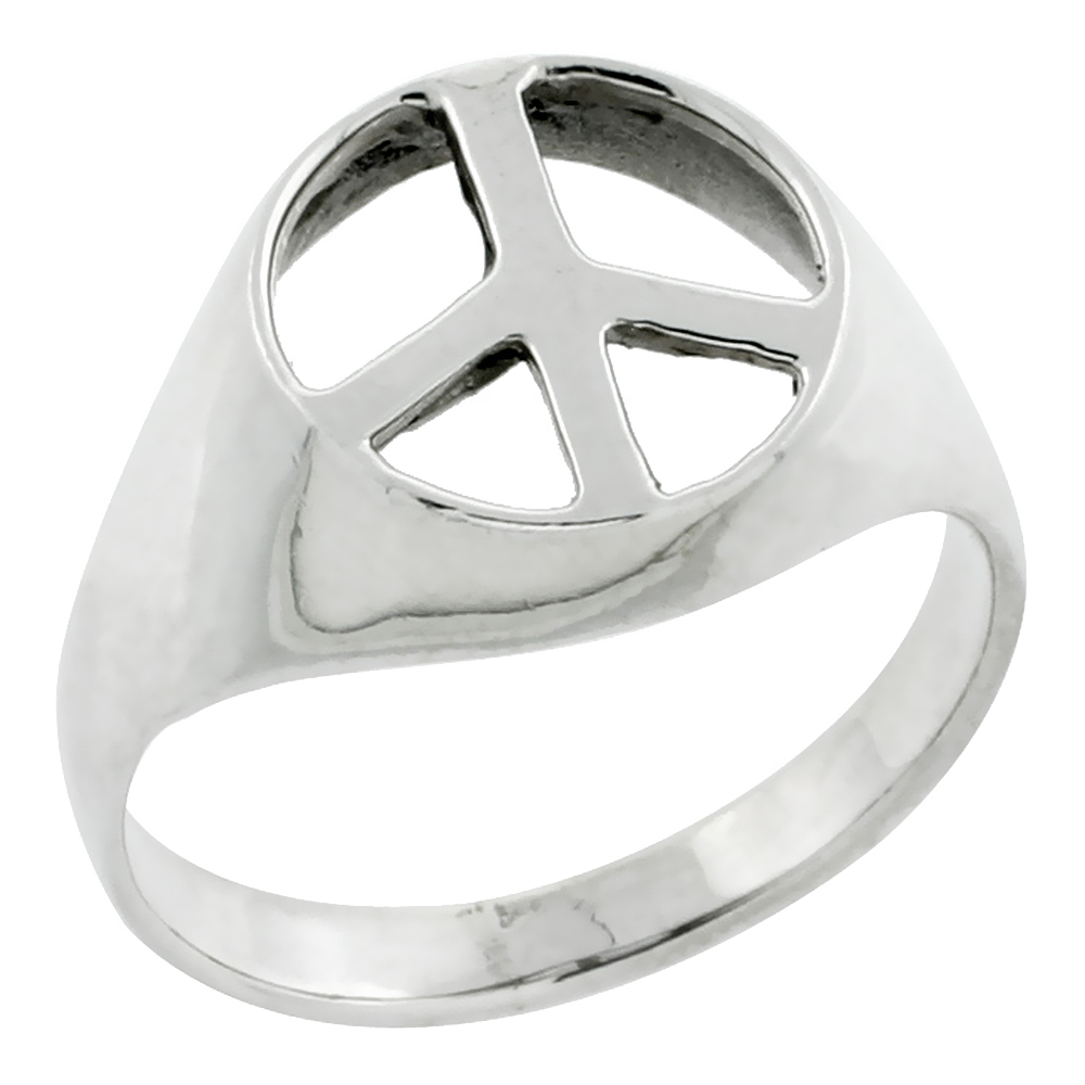 Sterling Silver 1/2" (13mm) Peace Sign Ring 