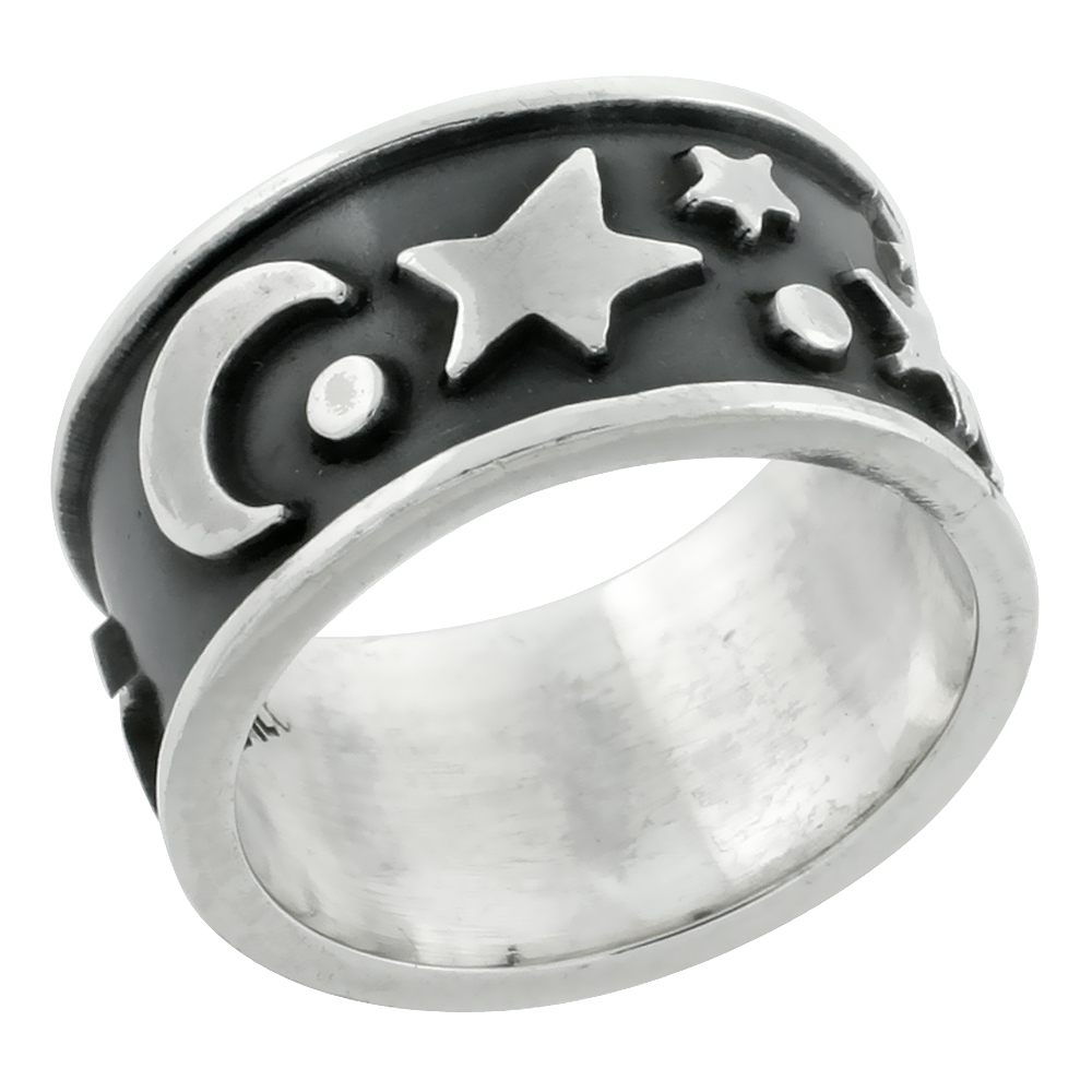 Sterling Silver Moon & Stars Ring 7/16 inch wide, sizes 9 - 13