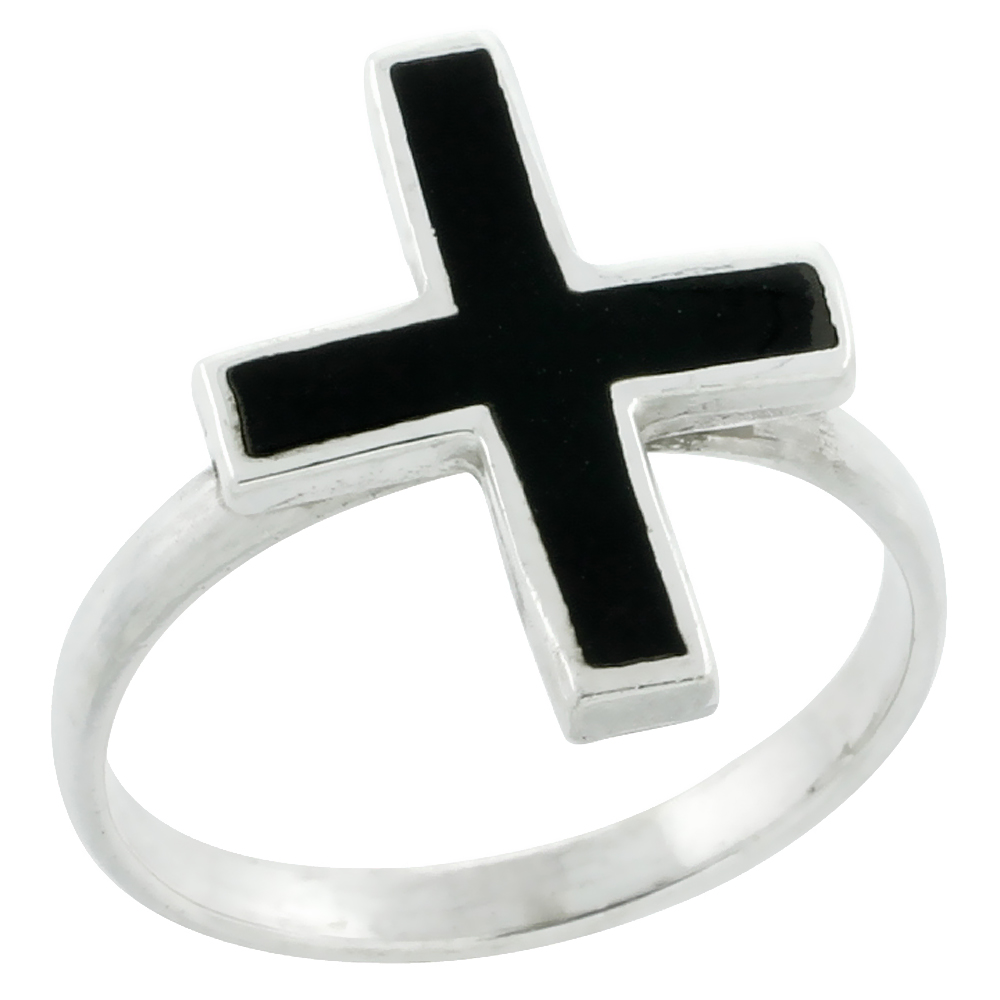 Sterling Silver Black Enamel Cross Ring 3/4 inch wide,