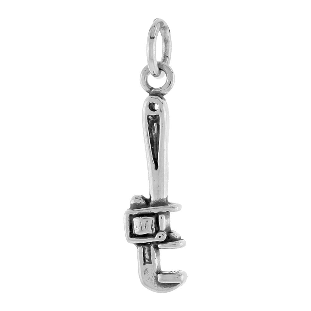 Sterling Silver Pipe Wrench Pendant for Men and Women 13/16 inch tall