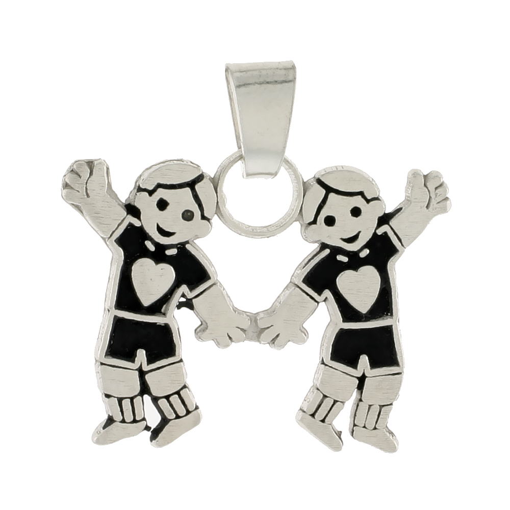 Sterling Silver Happy Waving 2 Boys Pendant for Women 11/16 inch tall