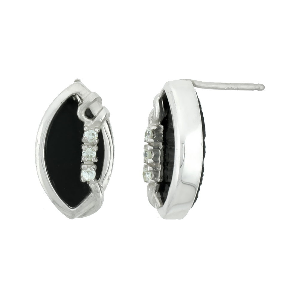 Sterling Silver Marquise-shaped Earrings, Black Onyx & 3 Cubic Zirconia Stones, 5/8 inch tall