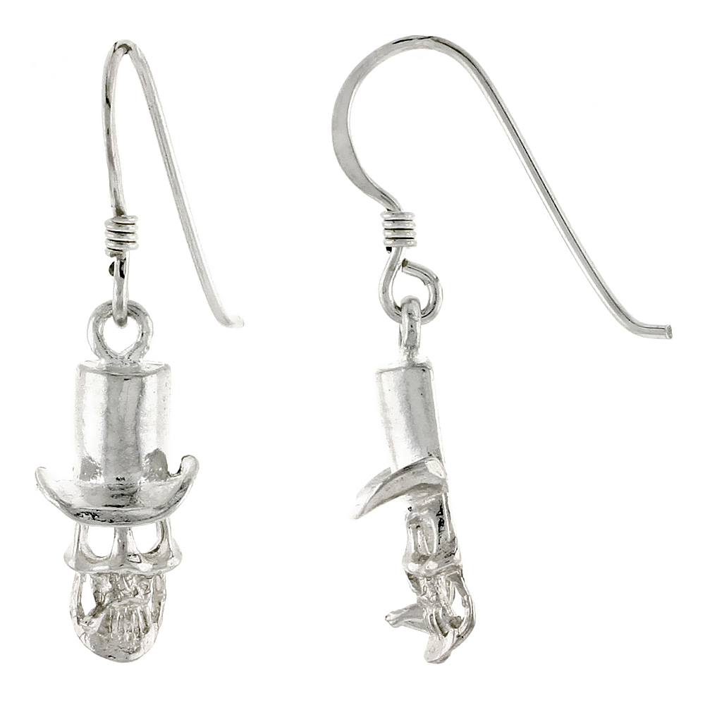 Sterling Silver Skull Hook Earrings Hat and Tobacco, 5/8 inch tall