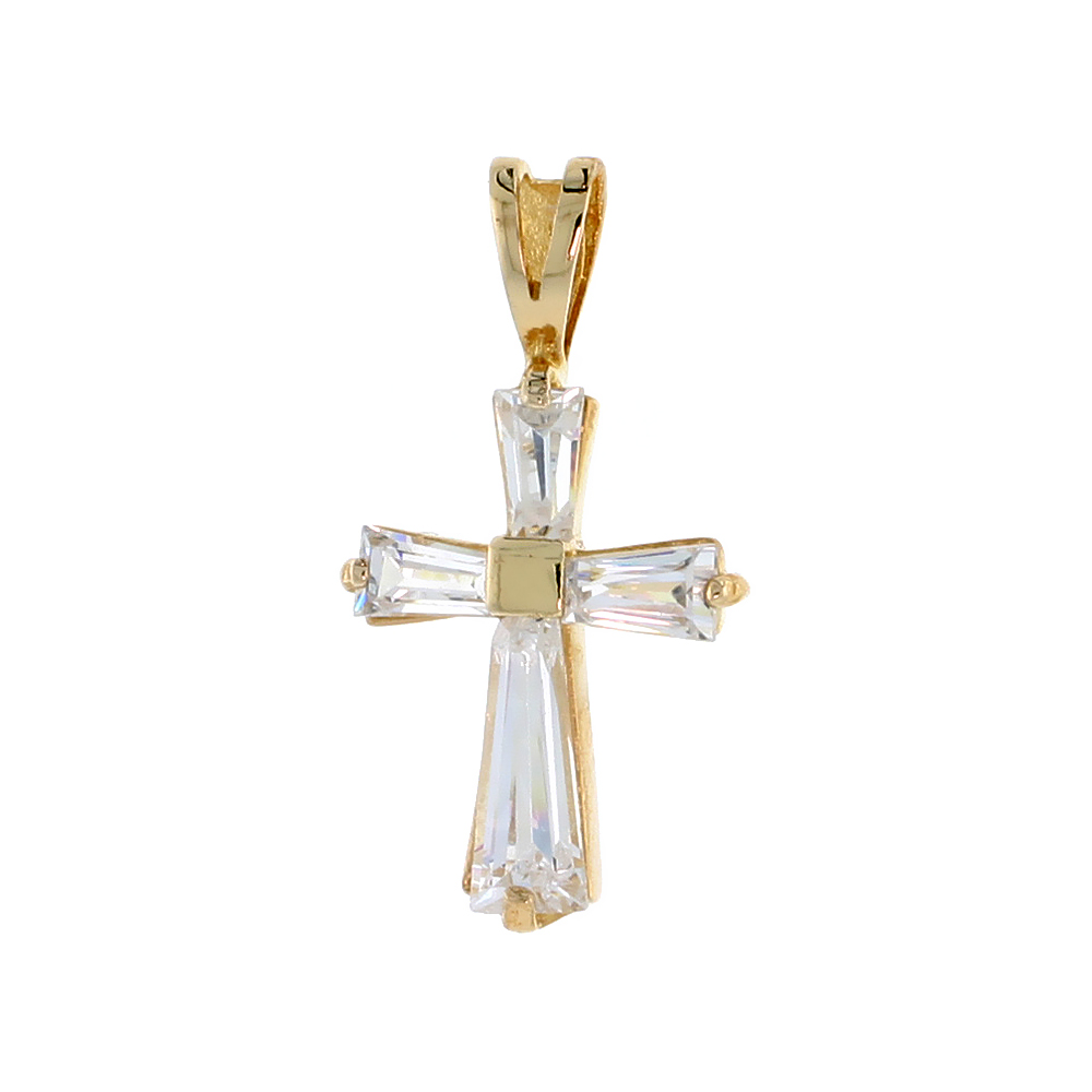 Sterling Silver Cubic Zirconia Maltese Cross Pendant Tapered Baguette CZ Gold-plated, 3/4 inch