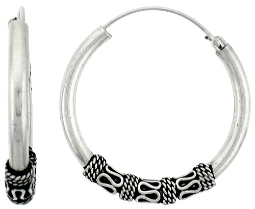 Sterling Silver Bali style Hoop Earrings, 1 1/8 inch