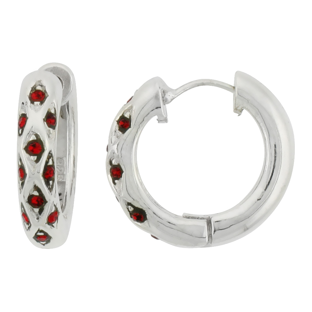 Sterling Silver Huggie Earrings 10 Ruby Colored Crystals, 3/4 inch diameter 