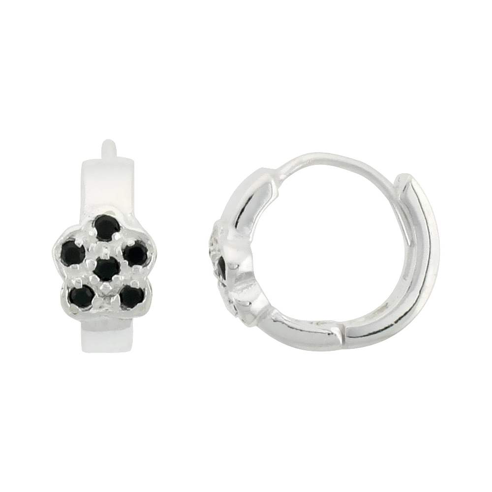 Sterling Silver Tiny Huggie Earrings, 6 Black Crystals in Flower Shape, 1/2 inch diameter 