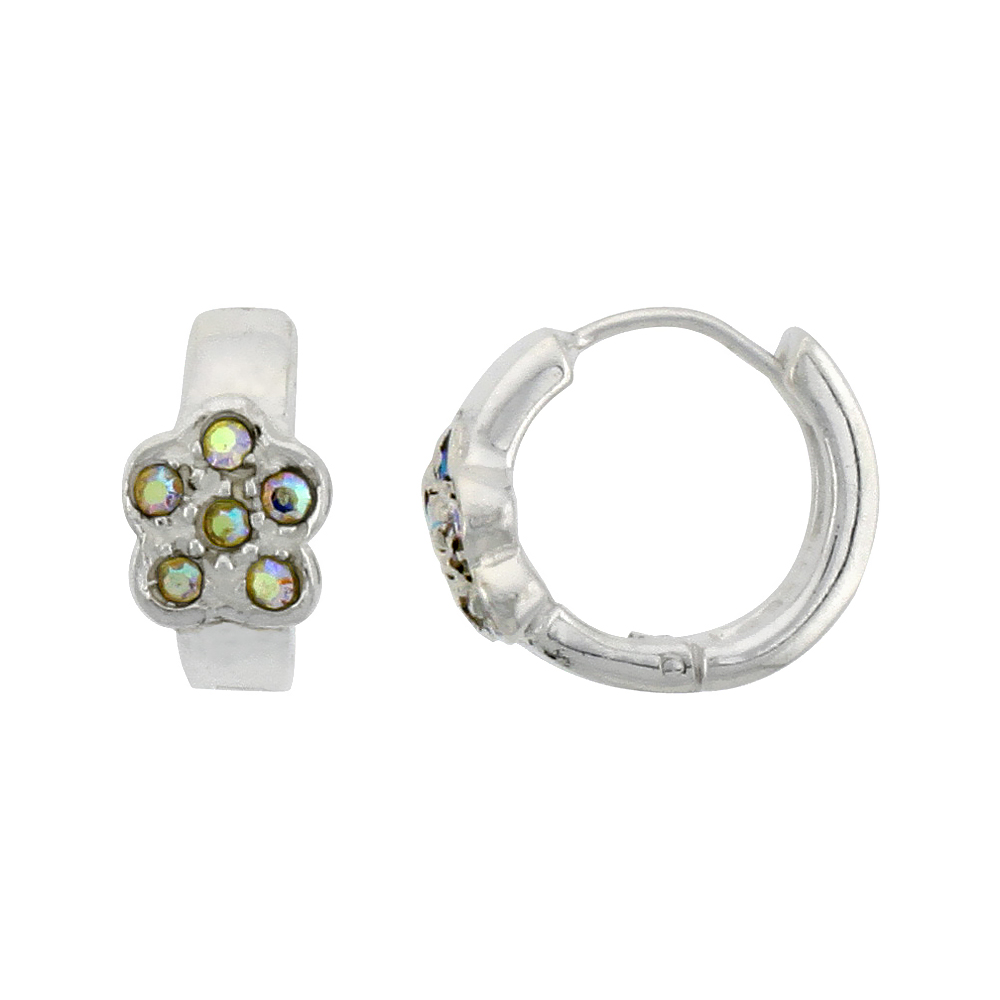 Sterling Silver Tiny Huggie Earrings, 6 Crystals in Flower Shape, 1/2 inch diameter 