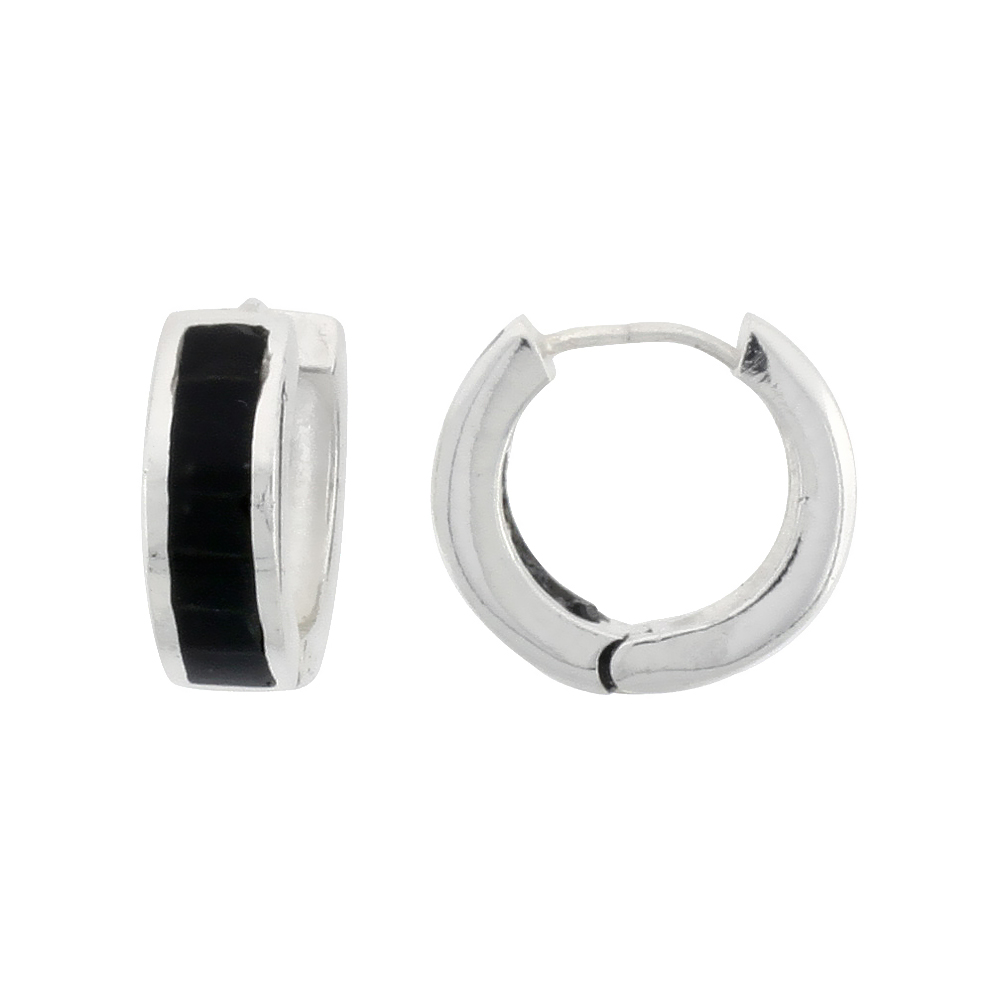 Sterling Silver Tiny Huggie Earrings Black Enamel, 1/2 inch diameter