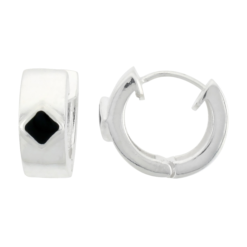 Sterling Silver Tiny Huggie Earrings Diamond-shaped Black Jet Stone, 9/16 inch diameter