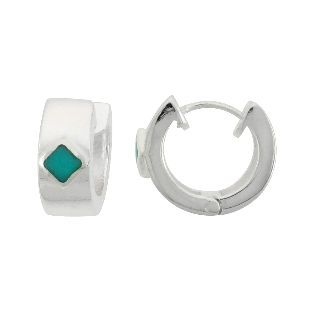 Sterling Silver Tiny Huggie Earrings Diamond-shaped Blue-Green Jet Stone, 9/16 inch diameter