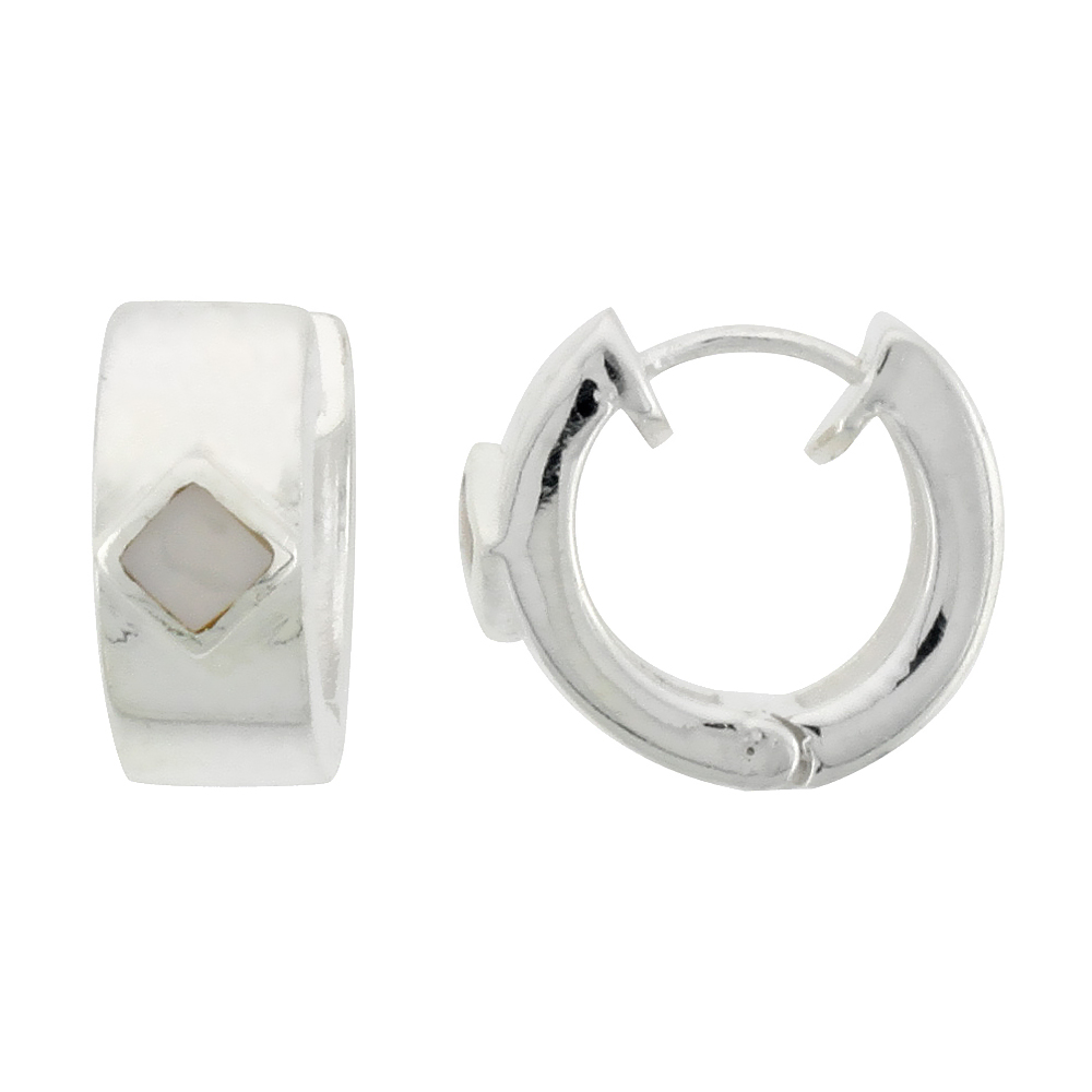 Sterling Silver Tiny Huggie Earrings 3mm Diamond-shaped Mother of Pearl, 9/16 inch diameter