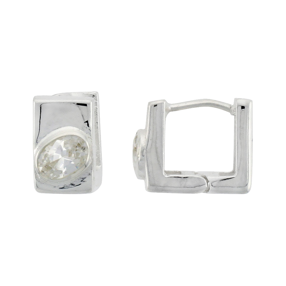 Sterling Silver Square-shaped Huggie Earrings Oval Cut 6 x 4 mm (.50 ct) CZ Stone, 7/16 inch tall