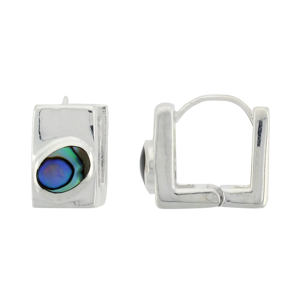 Sterling Silver Square-shaped Huggie Earrings Oval-shaped 6 x 4 mm Abalone Shell, 7/16 inch tall