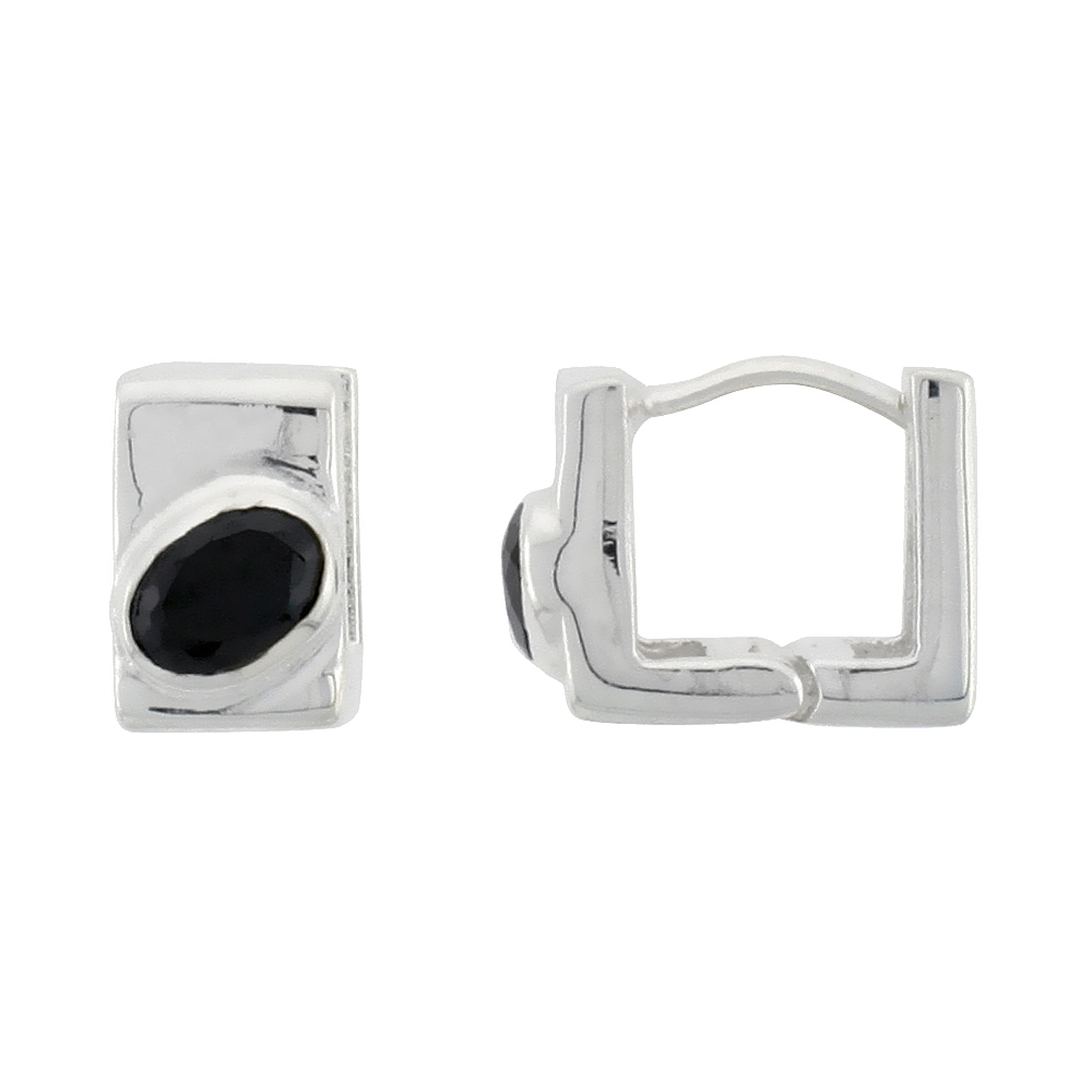 Sterling Silver Square-shaped Huggie Earrings Oval Cut 6 x 4 mm (.50 ct) Black CZ Stone, 7/16 inch tall
