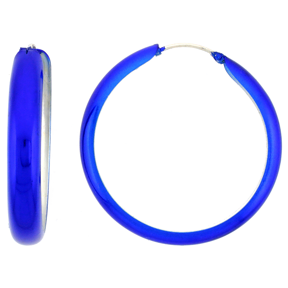 Sterling Silver Hoop Earrings Painted in Blue, 1 3/8 inch diameter 