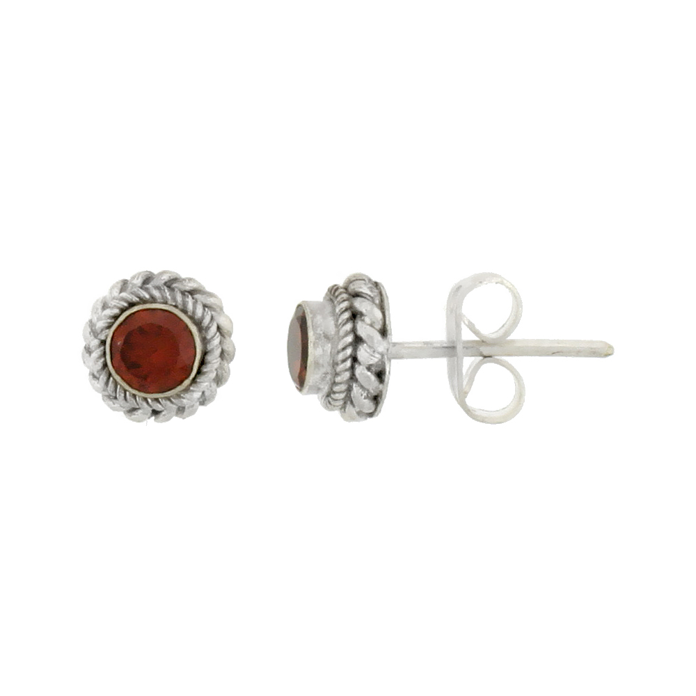 Sterling Silver Stud Earrings, Rope Designs & 4mm Brilliant Cut Natural Carnelian Stone, 1/4 inch tall